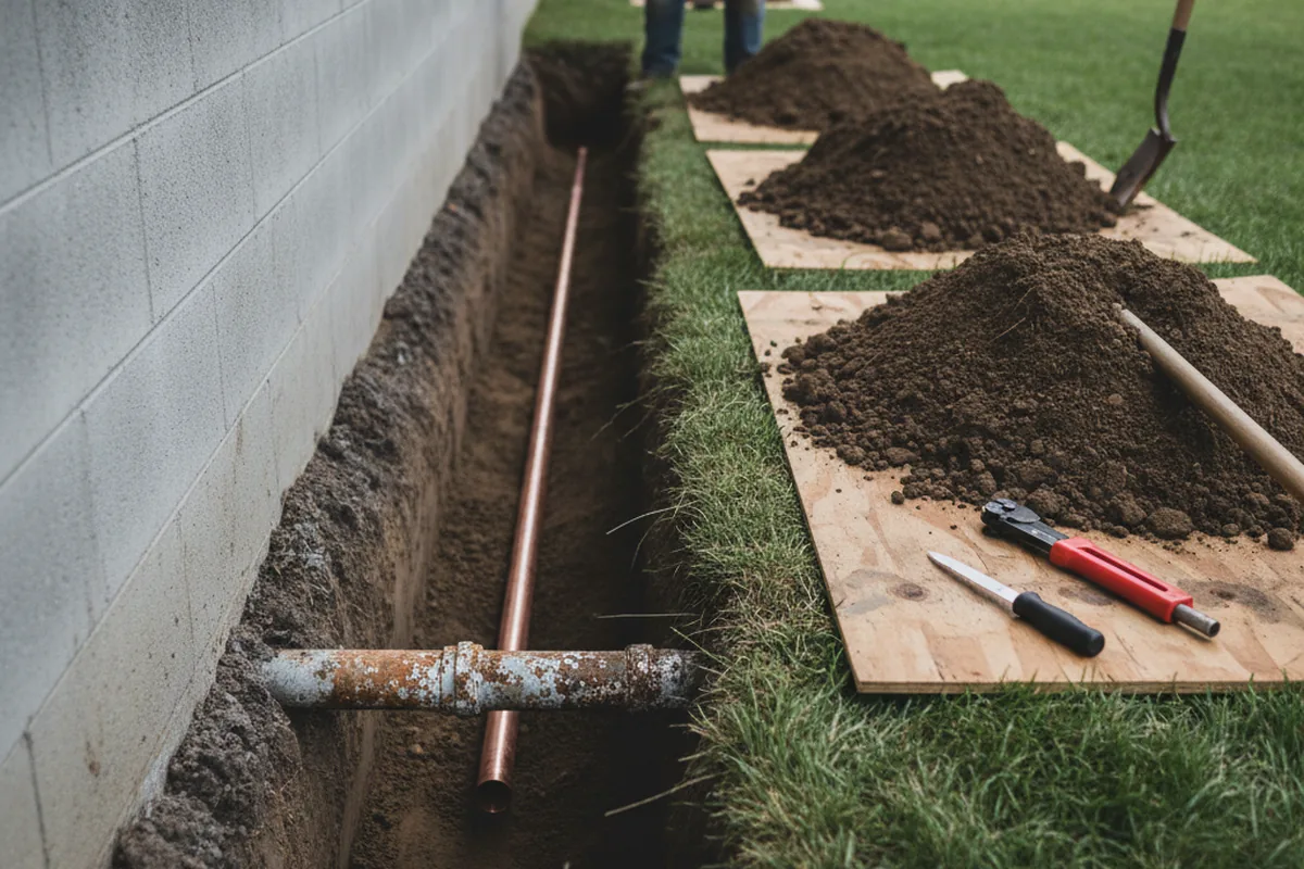 Excavated water line trench during Water Softener Installation in Fresh Meadows